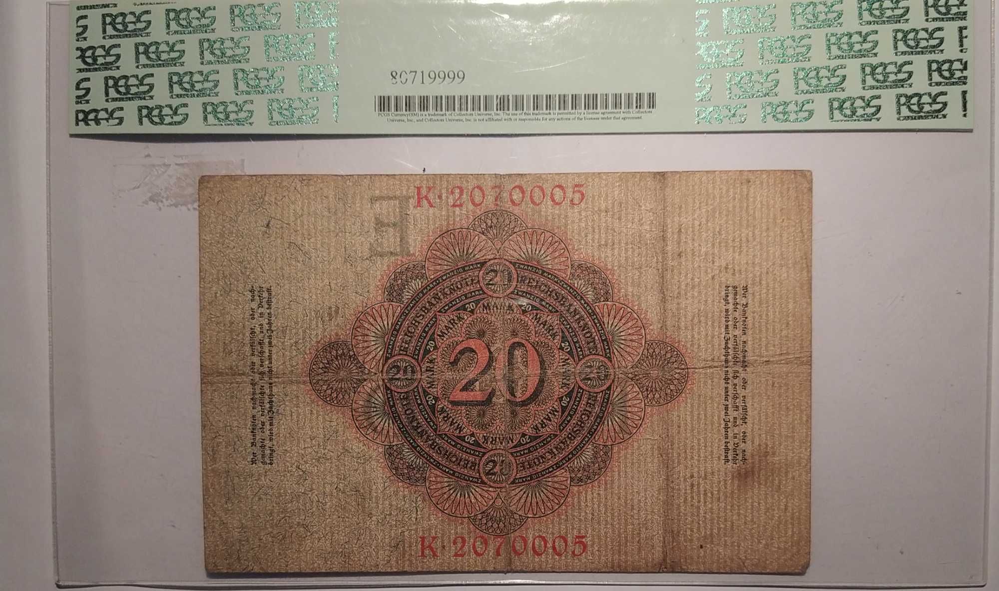 PCGS 12 - Германия, 20 марки 21.4.1910 г. (с интересен номер)