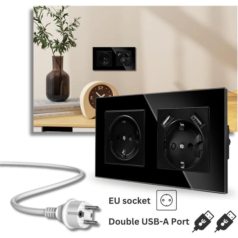 Priza dubla rama sticla securizata, 2 x USB-A, iUni US2, 16A, Black