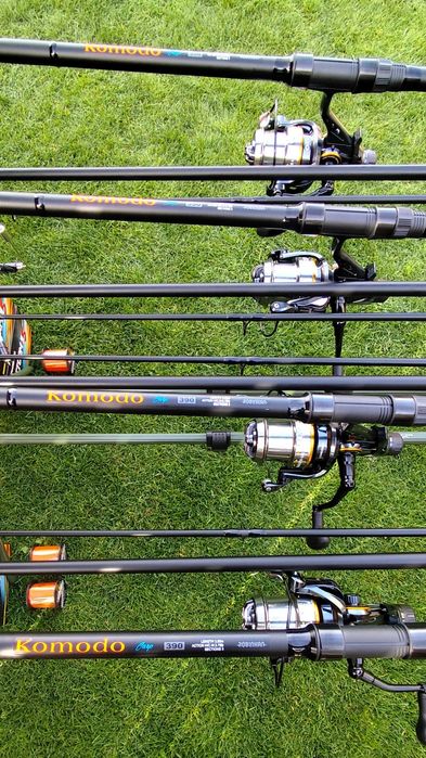 Set 4 Lansete 3,90m+4 Mulinete Long Cast cu Baitrunner+Rod Pod Echipat