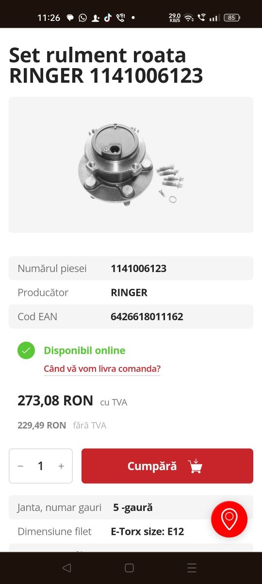 Set rulment roata Ringer 1141006123 și Senzor abs pentru Ford și Volvo