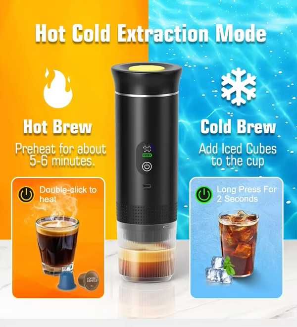 Espressor portabil cu LED cafea calda/rece 72W rezerv 80ml 7500mAh ALB