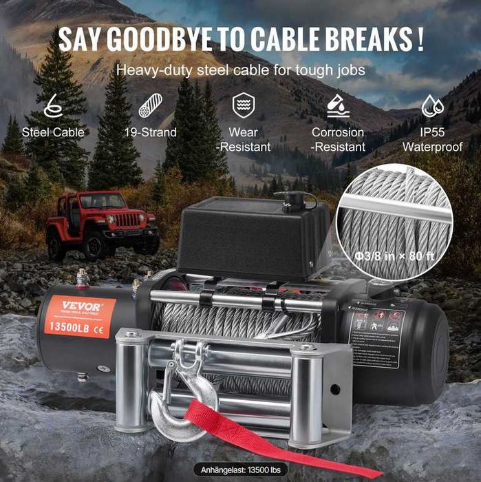 Troliu Auto 13.500 LBS 12V cu Cablu Oțel + Telecomandă Wireless