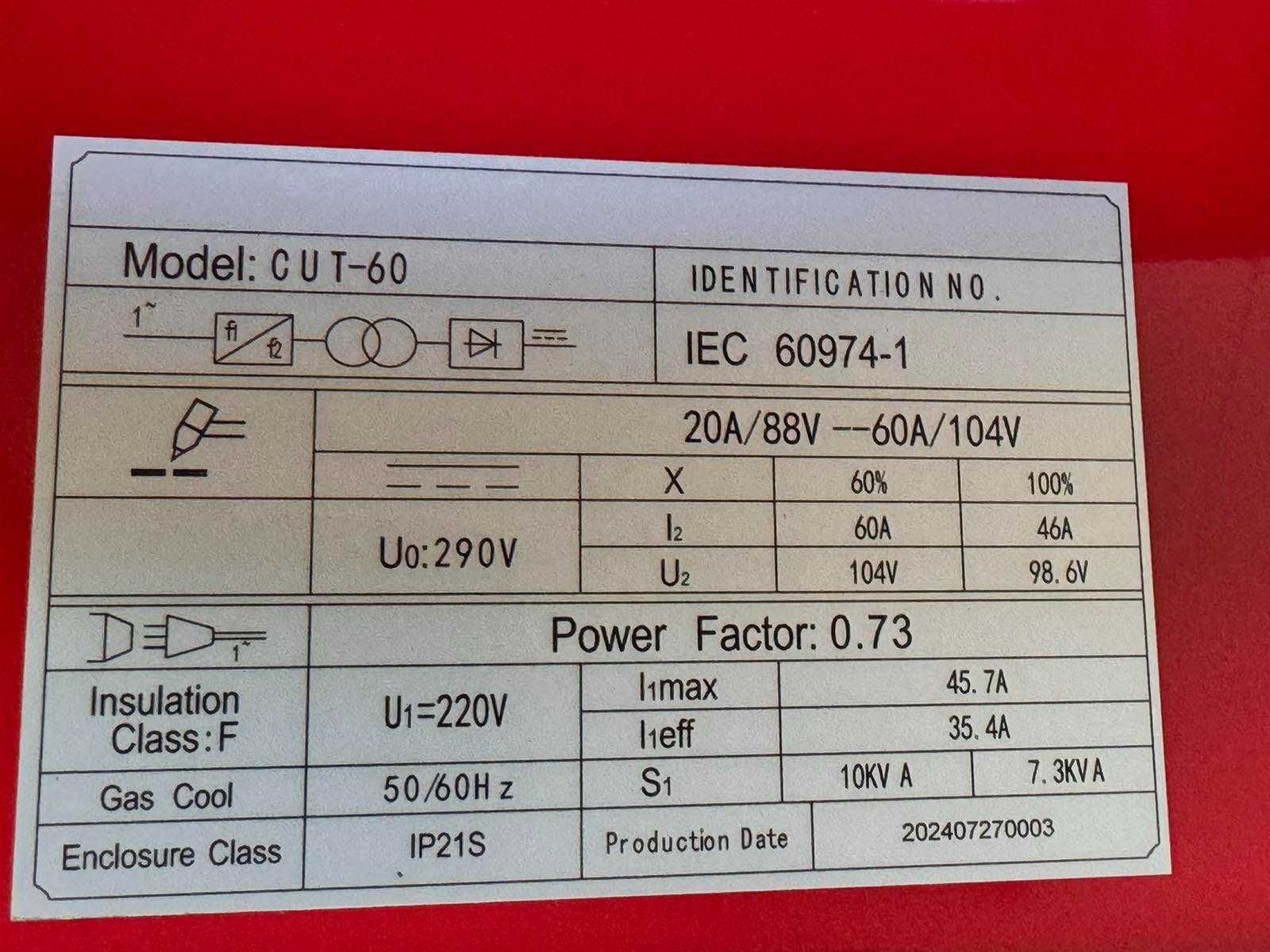 Апарат за плазмено рязане CUT 60А - монофазна 220V - рязане до 23 мм