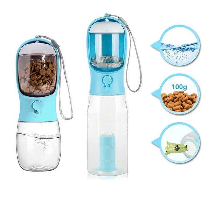 Sticla de apa portabila pentru caini si pisici 500 ml, 2 in 1