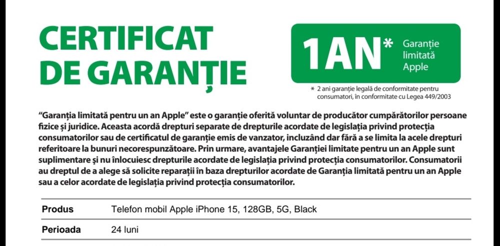 Vând iPhone 15 Negru 128GB , Sigilat cu Doi ANI garanție eMag