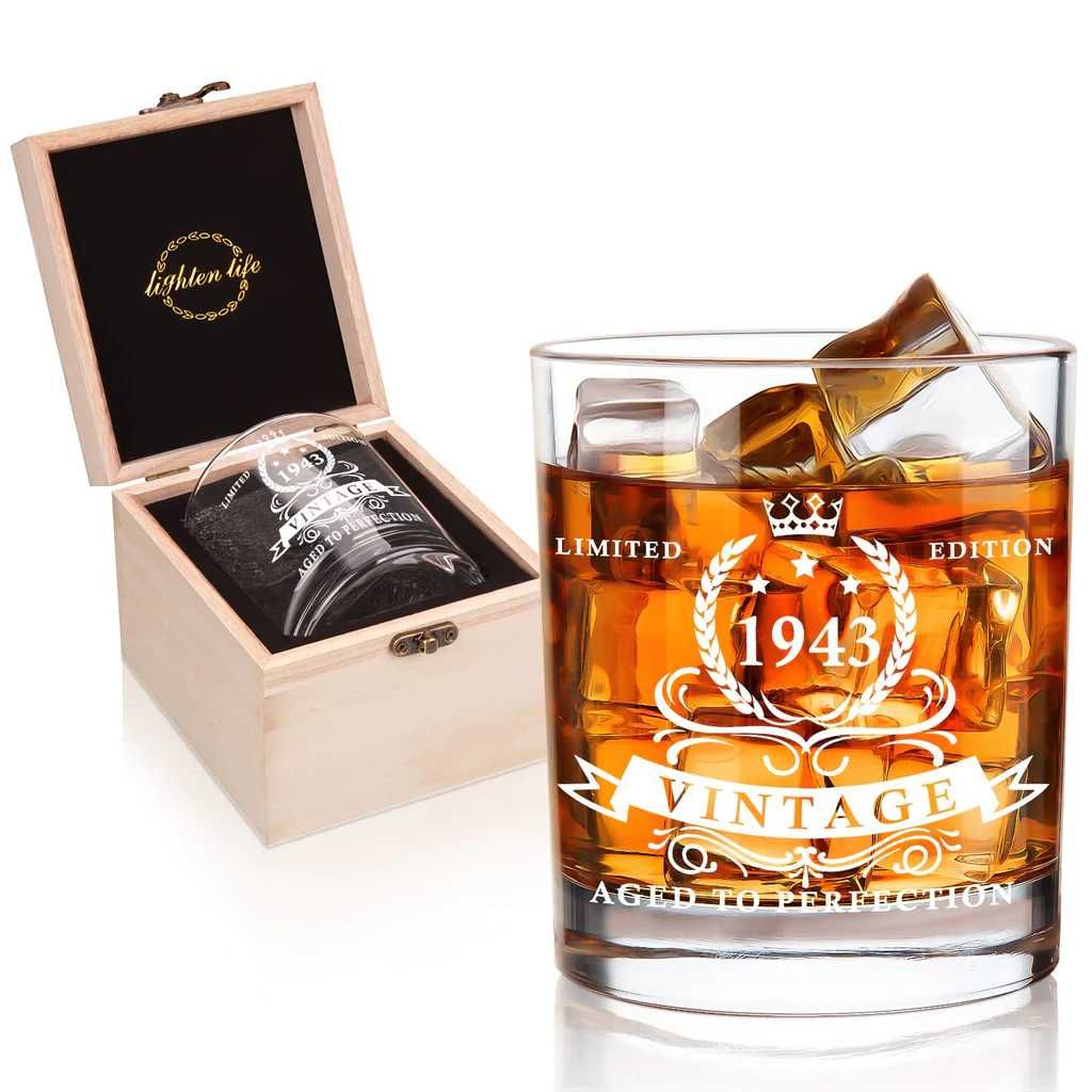 Pahar de Whisky 350ml in cutie de lemn - cadou zi aniversara