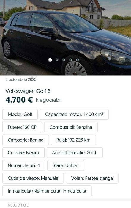Volkswagen Golf6   An 2010 Benzină 1.4 Berlină