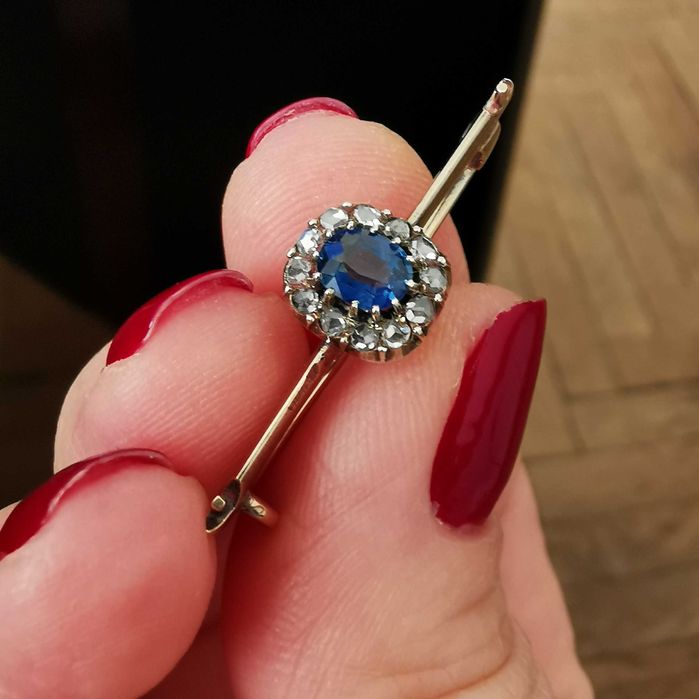 Broșă vintage aur cu safir natural și diamante + Certificat gemologic