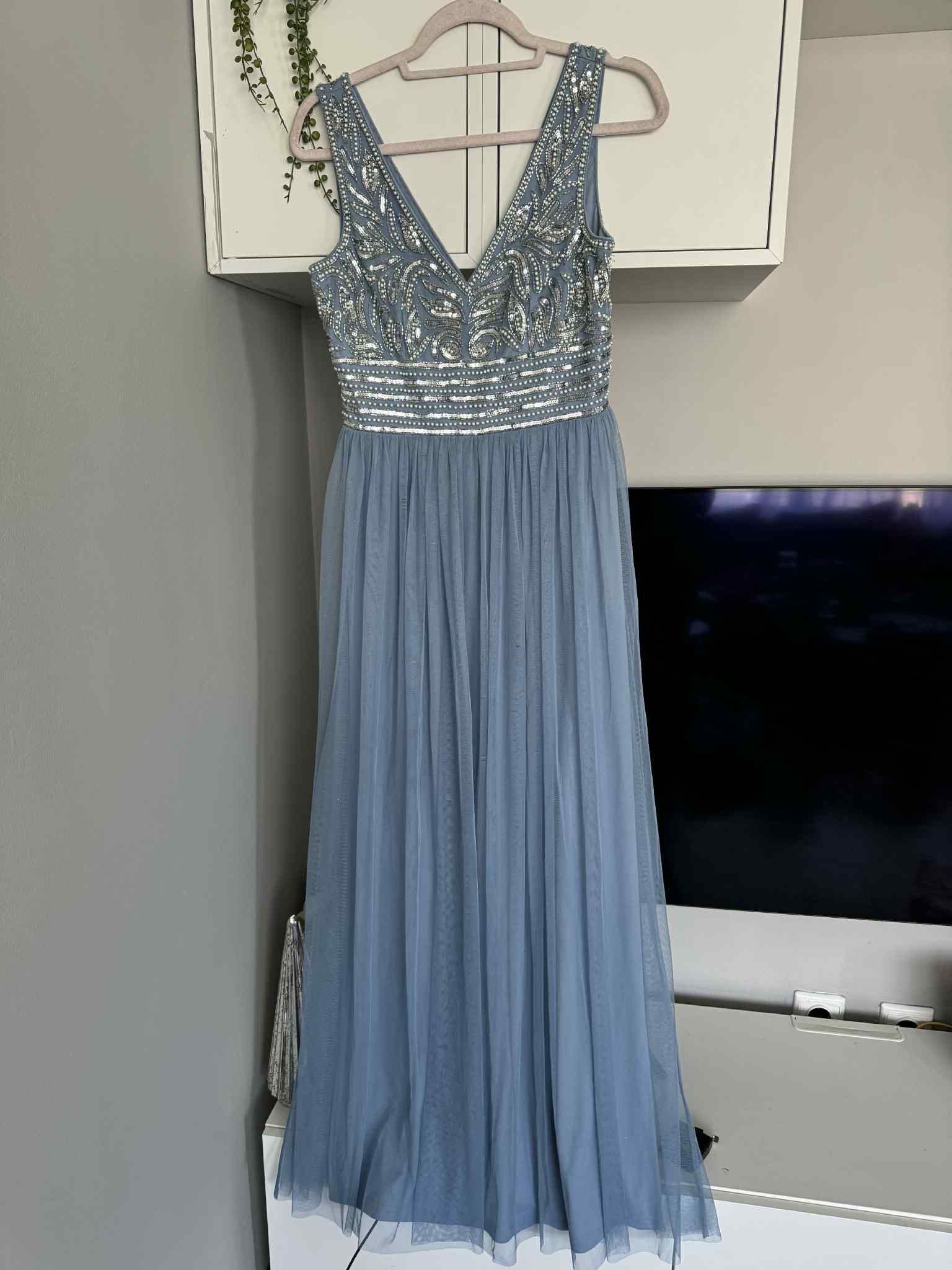 Официална дълга рокля Lace&beads небесно синьо тюл м размер