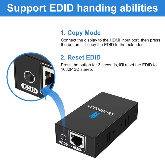 VEDINDUST Extender HDMI 1080p 60m HDMI Ethernet RJ45 Cat 5-6-7 EDID