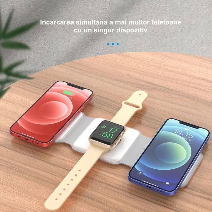 Incarcator Wireless Magnetic Pliabil 3in1, Incarcare rapida, Alb