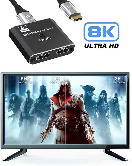 DP 1 to 2 / 2 to 1 Splitter UHD 8K с пультом и с доп. питанием