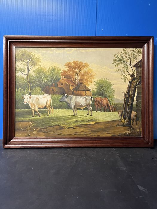 Стара картина/1946 г./-Селски пейзаж с маслени бои на дърво