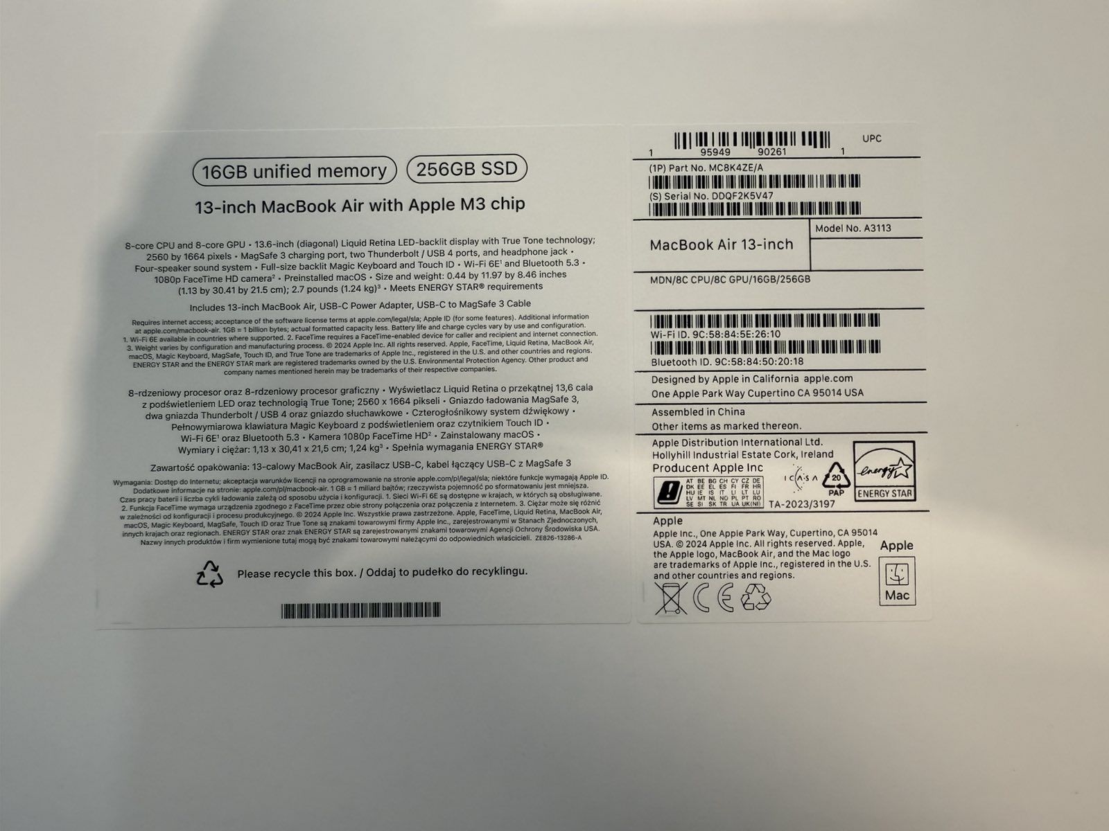 Като НОВ Apple MacBook Air 13" M3 Гаранция 16GB RAM 256GB SSD Midnight