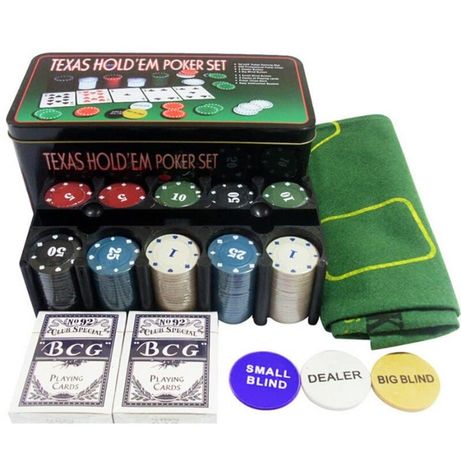 Покерный набор Texas Holdem на 200 фишек с номиналом в мет. коробке