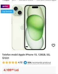Vand telefon iPhone 15 5G 128GB,de culoare Green