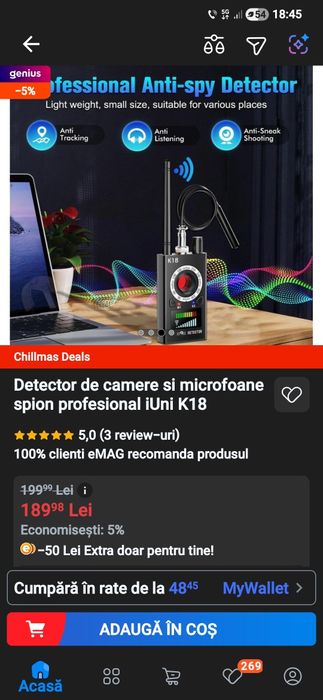 Detector de camere si microfoane spion profesional iUni K18