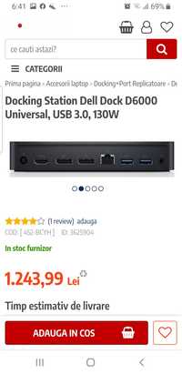 Docking station Dell Universal D6000, USB Type-C , cu incarcator de 13