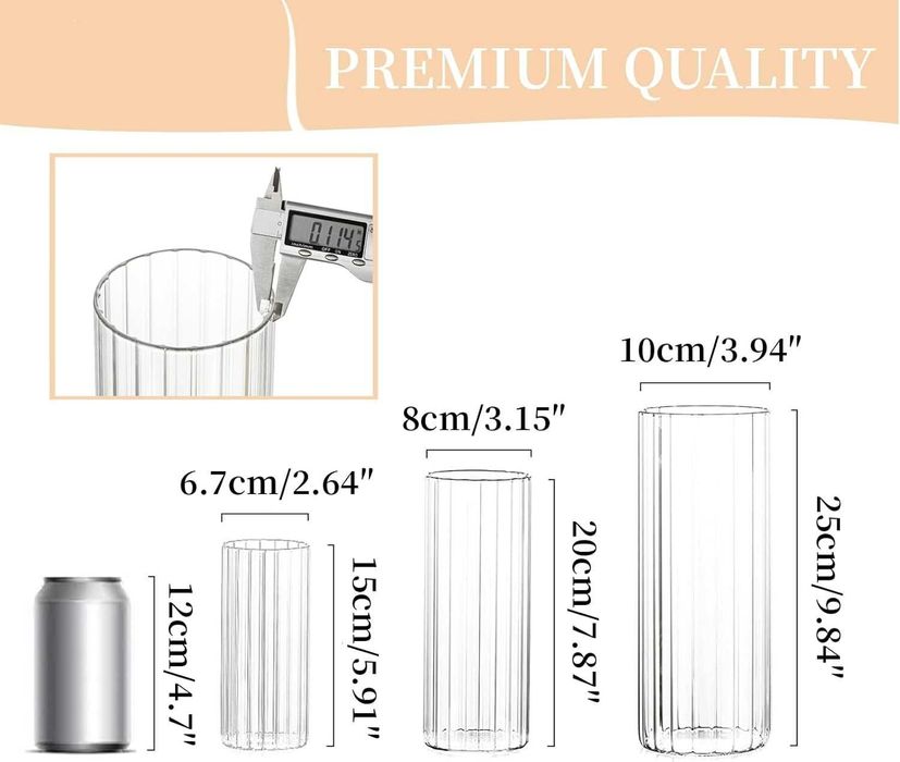 Set 12 Vaze decorative din sticla, Cilindrice, transparent, 2 modele