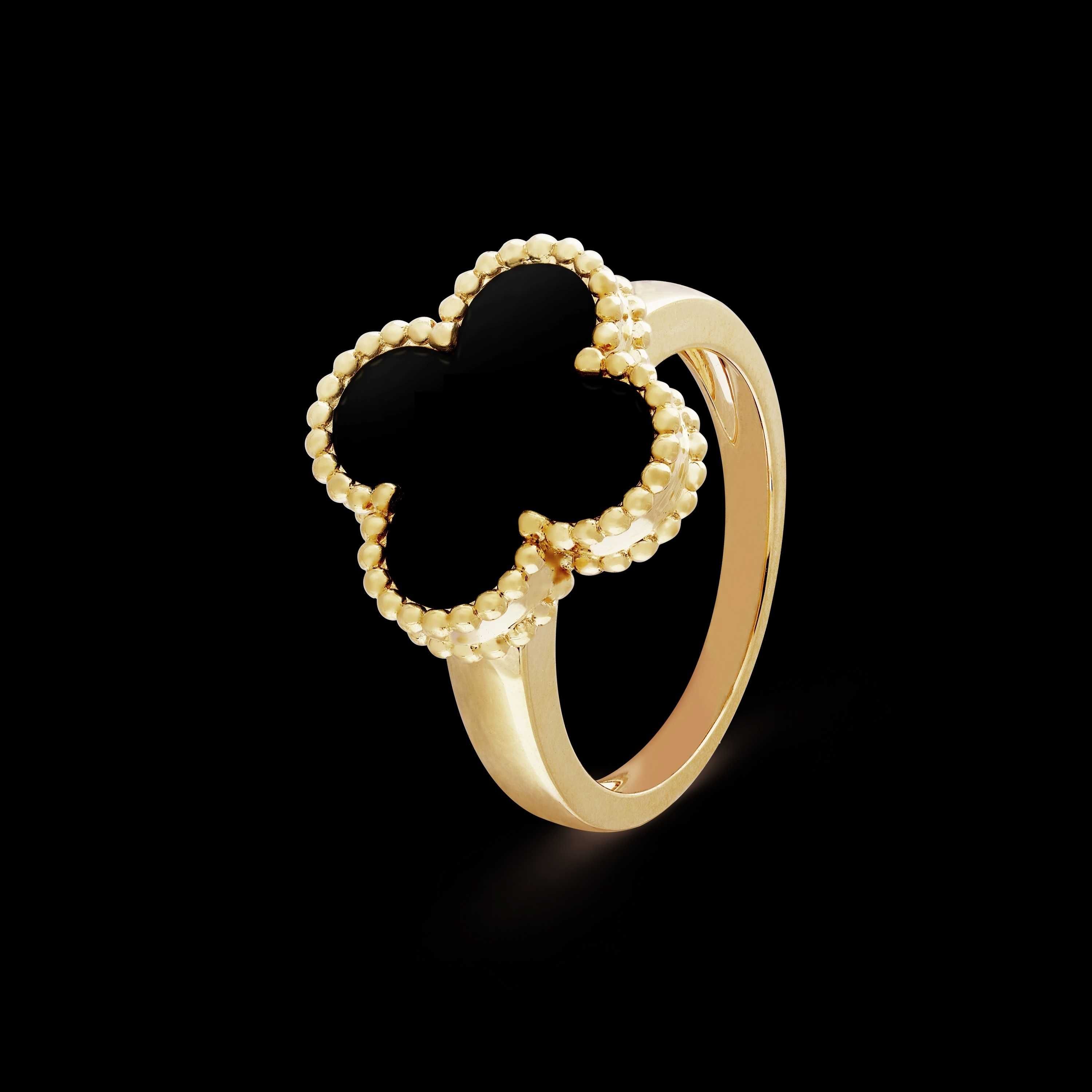 Van Cleef & Arpels VCA Silver Onyx Alhambra Clover Дамски Пръстен
