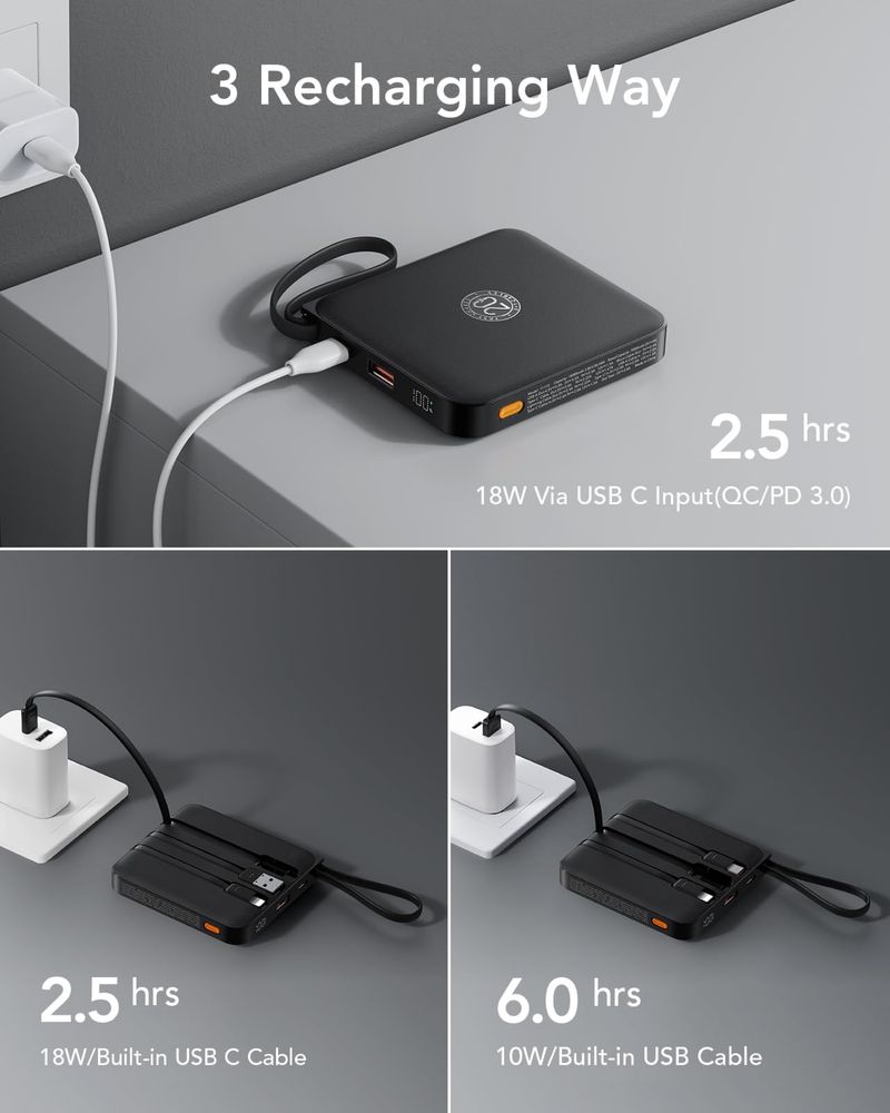 VRURC PowerBank 10000mAh/4 вградени кабела/22.5W бързо зареждане