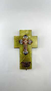 Crucifix vechi din bronz cloissone emailat si piatra onix antic cruce