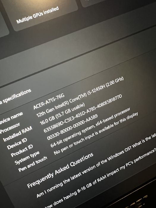 Laptop Gaming Acer Aspire 7 i5-12450H GeForce RTX 3050 4G