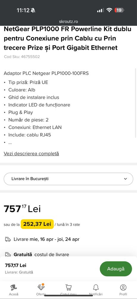 adaptoare internet powerlAN netgear, plug & play, Ethernet LAN, Alb