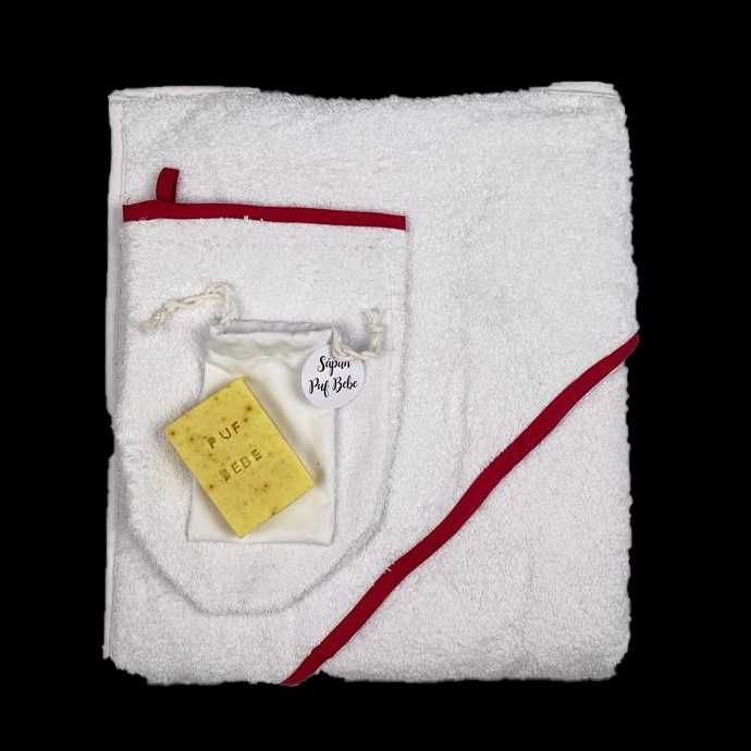 Set Cadou BEBE nou nascut: Prosop cu gluga, manusa baie, sapun natural