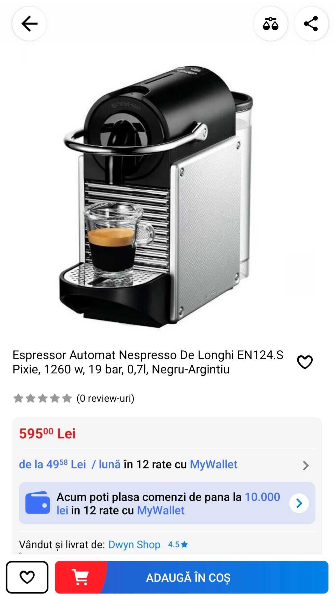 Vand espressor NESPRESSO PIXIE BY DELONGHI corp aluminiu, capsule