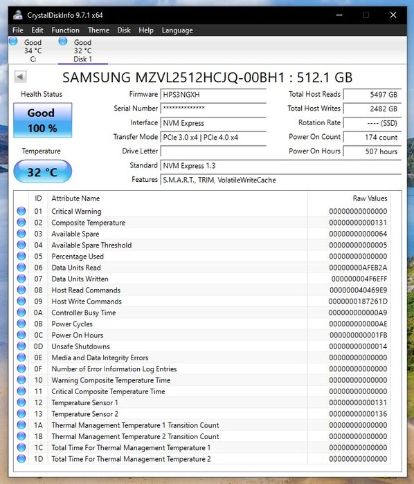 Nvme m.2 ssd Samsung PM9a1 512GB PCIe 4.0x4 100%