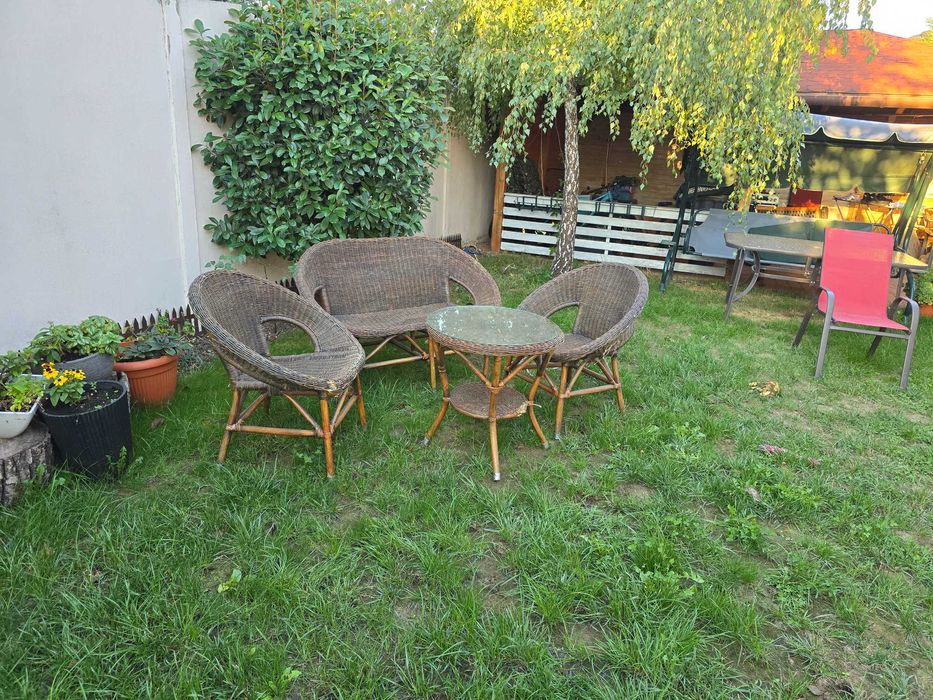 Set de gradina impletit cu masa, 1 fotoliu mare, 2 mici