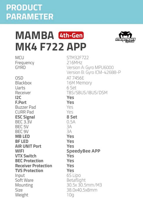 Diatone Mamba MK4 F722 APP (MPU6000)
