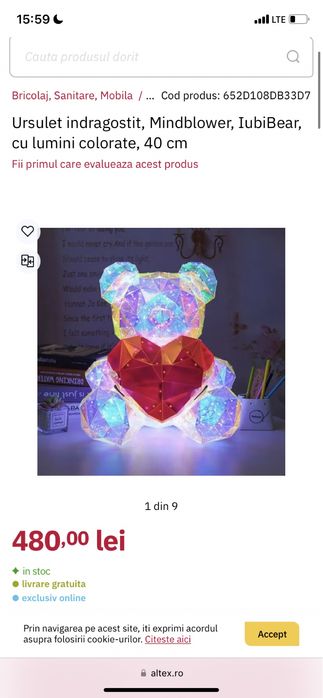 Ursuleț IubiBear îndrăgostit cu luminițe colorate, 40 cm