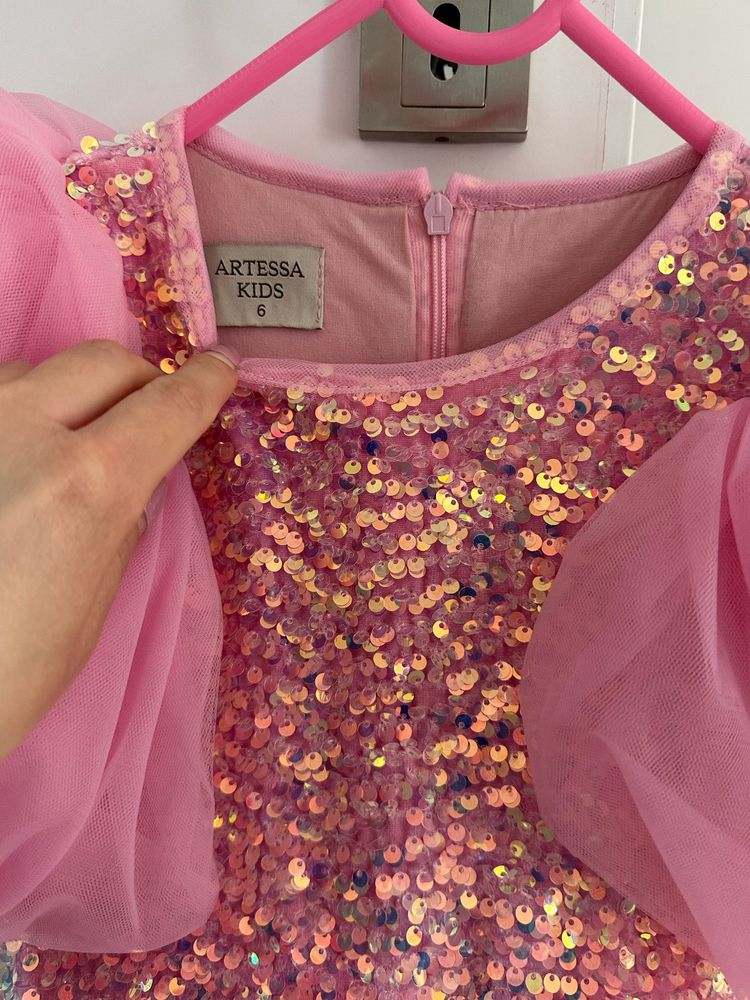 Rochie roz eleganta paiete si volane din tulle pentru fete - Skye