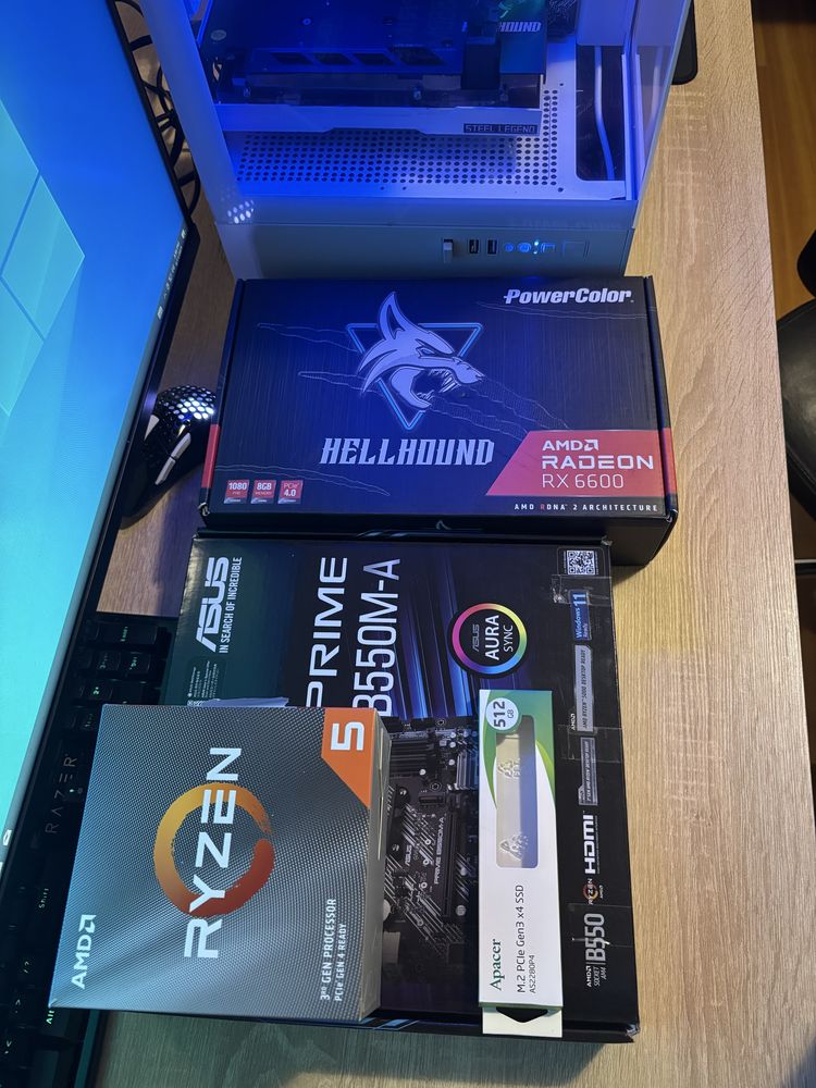Бял геймърски компютър Ryzen 3600, RX 6600 8gb, 16 Ram, 512 SSD, 500w