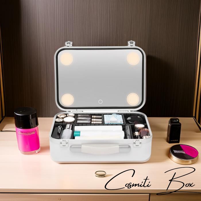 Кутия за грим бяла несесер чанта гримьорна куфар огледало