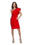 Rochie midi bandage rosie eleganta un umar cu volane