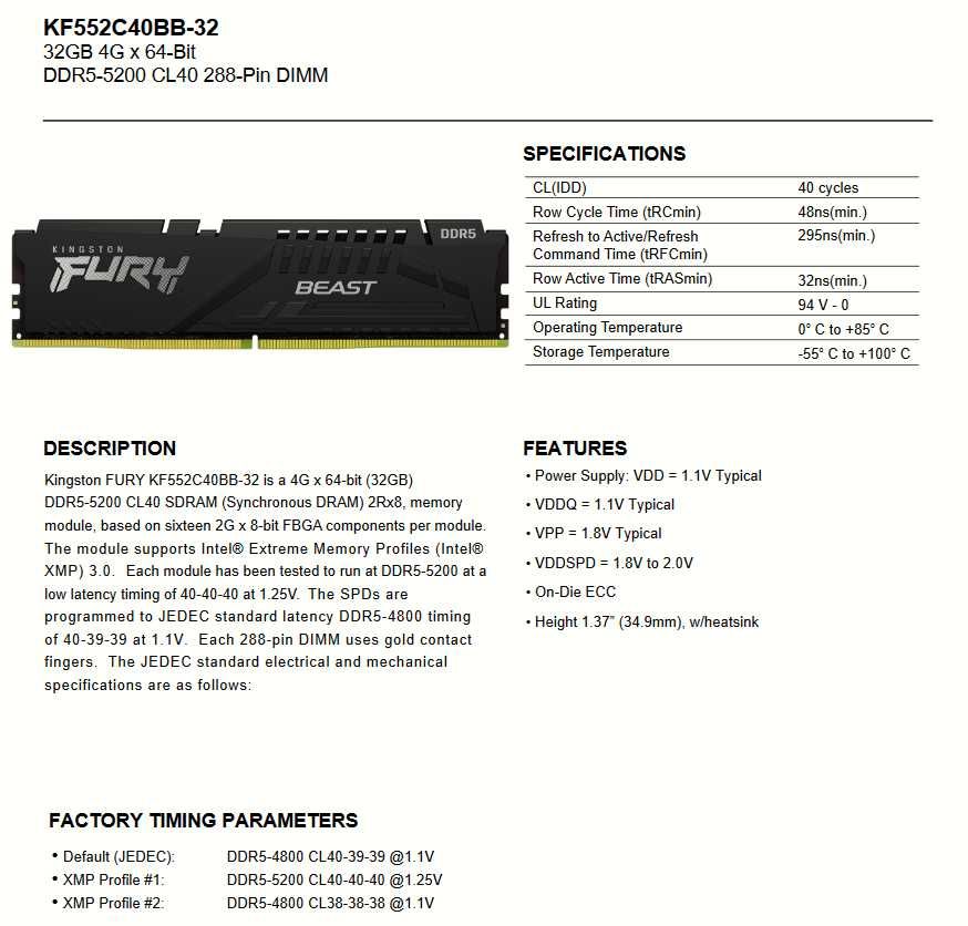 Ram DDR5 (1X32GB) Kingston Fury Beast 5200 CL40