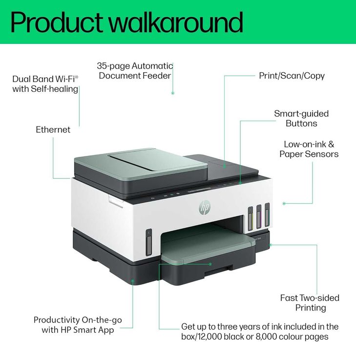 Многофункционален принтер HP Smart Tank 7307, цветен, безжичен
