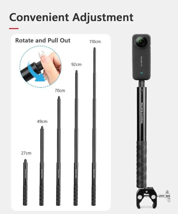 Set prindere motor: selfie stick + clema prindere Insta360 X3 X4 X5