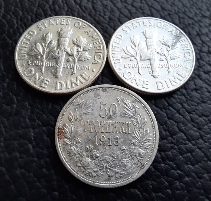 Стари сребърни монети даймове 1964 г.  САЩ  и 50 ст. 1913 г. БГ - топ