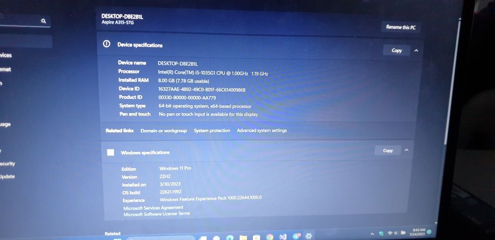 Acer Aspire A315-57G Qolgan hamma ma'lumot rasmda