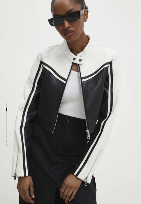 Късо кожено яке в черно и бяло