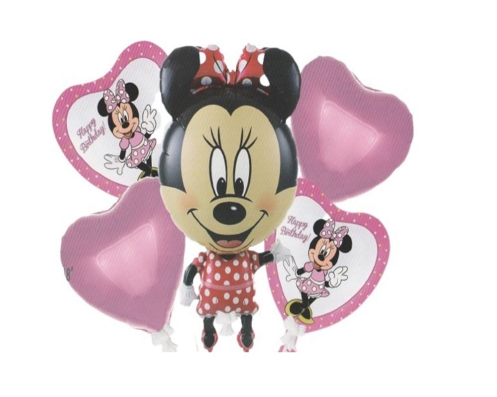 Buchet 5 baloane folie Minnie Mouse pentru aniversare, 45 cm