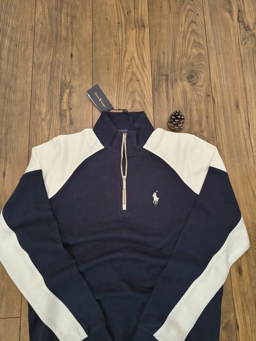 Pulover clasic, RL, half zipper, culoare navyblue&alb