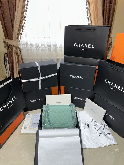 Geanta dama chanel 26cm verde menta cu accesorii argintii cadou c:83