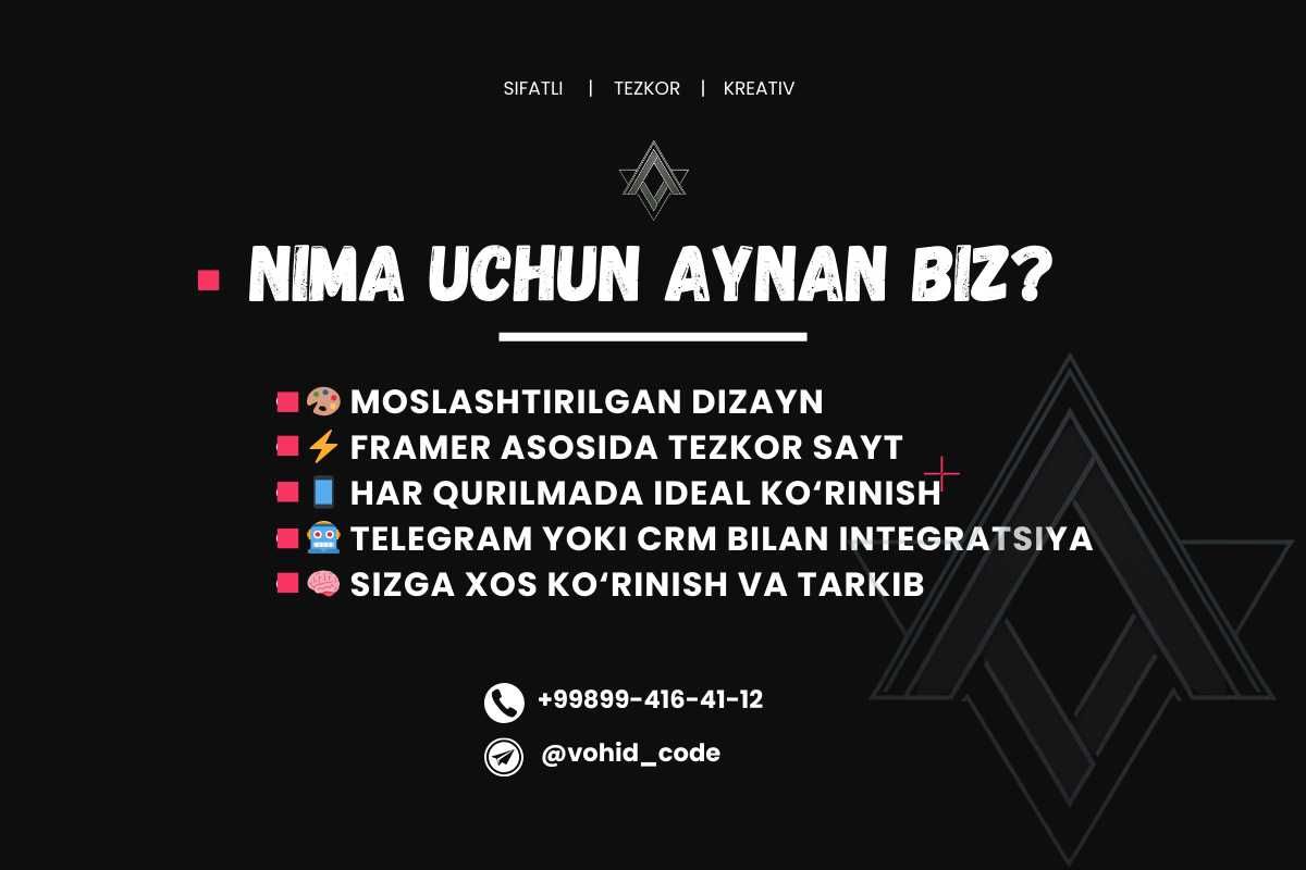 Sayt tayyorlaymiz | Framer landing | CRM va Telegram integratsiya