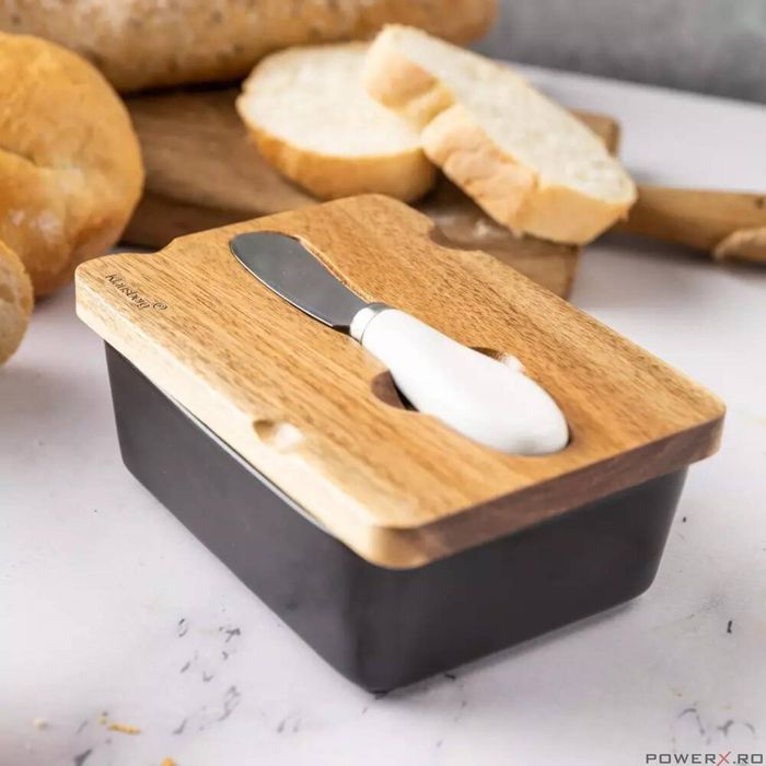 Cutie pentru unt din ceramica, untiera, neagra, cu capac din lemn de