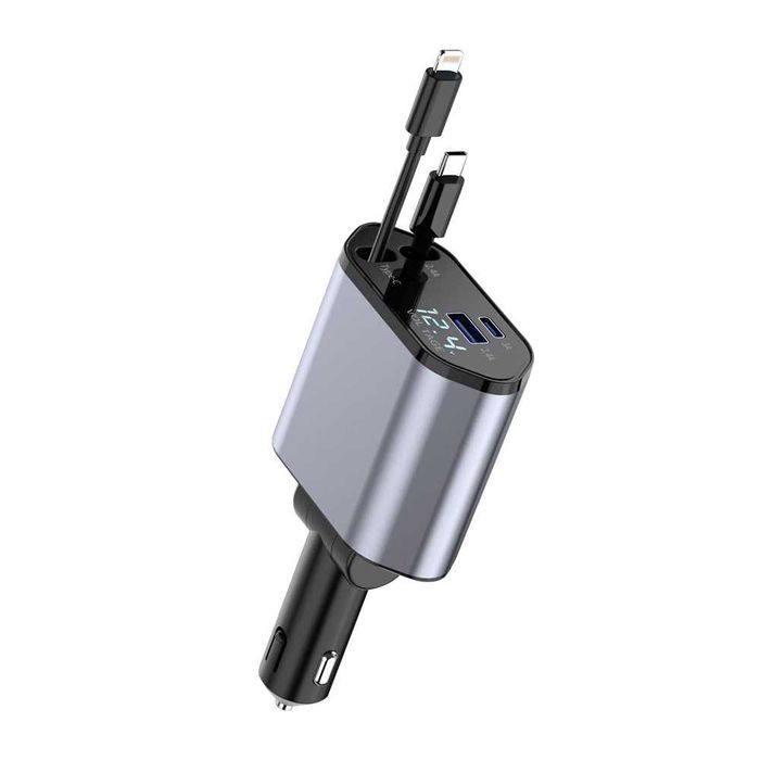 Încărcător Auto Retractabil 4 în 1 cu Încărcare Rapidă–USB-C Lightning